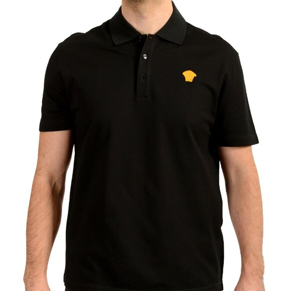 Versace Men's Black Gold Logo Embroidery Black Polo Shirt US XS IT 46 - Picture 1 of 5